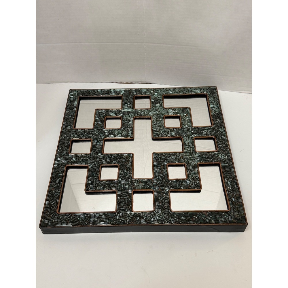 Pier 1 One Imports Mirror Square Seed Beaded Green 14" Metal Frame Wall Vintage